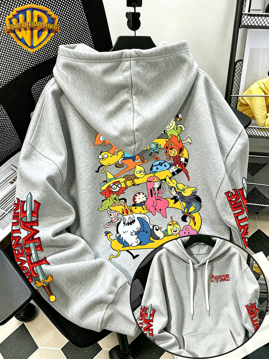 Warner Bros Official Adventure Time Letter B Full Cast All-Around Cartoon Print Hooded Sweatshirt - Men's Casual Versatile Sweatshirt, Comfortable Autumn/Winter Wear, Ideal for Sports, Outdoors, Outings, Travel, and Daily/Commute/Home Use - Light Grey