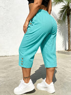 Summer Women's Cropped Cargo Pants with Stylish Pocket Design, Drawstring Elastic Waist Casual Long Pants, Suitable for Outdoor and Daily Wear - Lake Blue