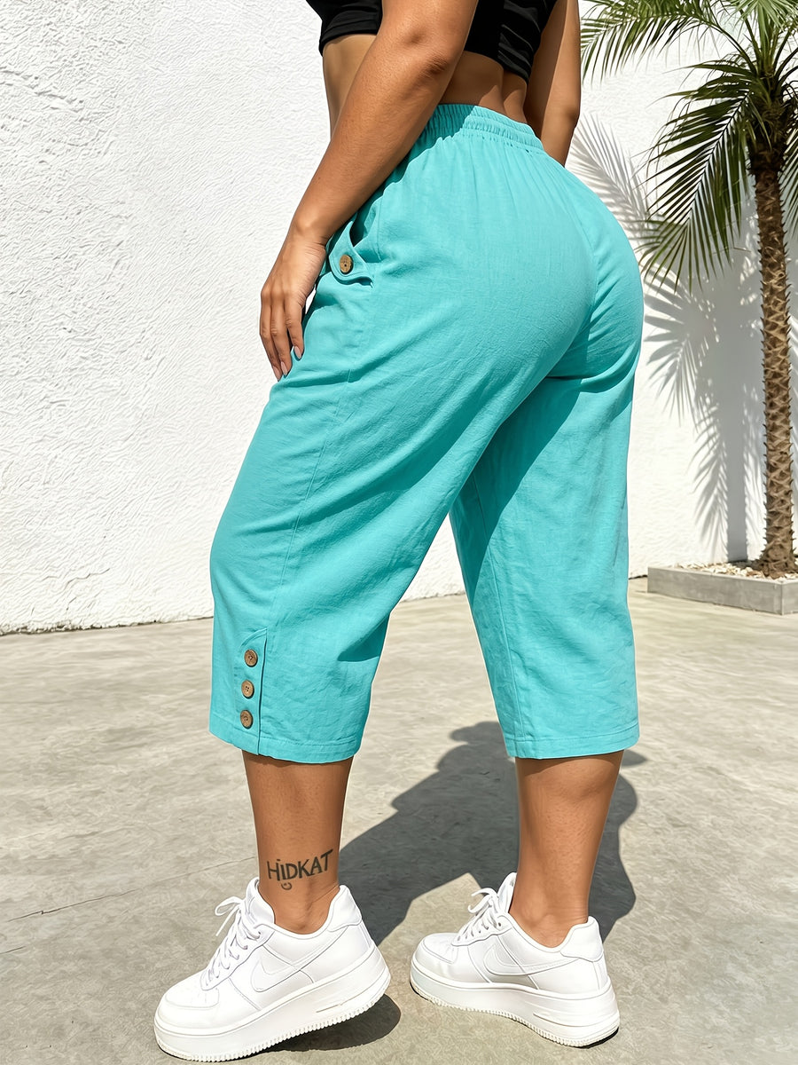 Summer Women's Cropped Cargo Pants with Stylish Pocket Design, Drawstring Elastic Waist Casual Long Pants, Suitable for Outdoor and Daily Wear - Lake Blue