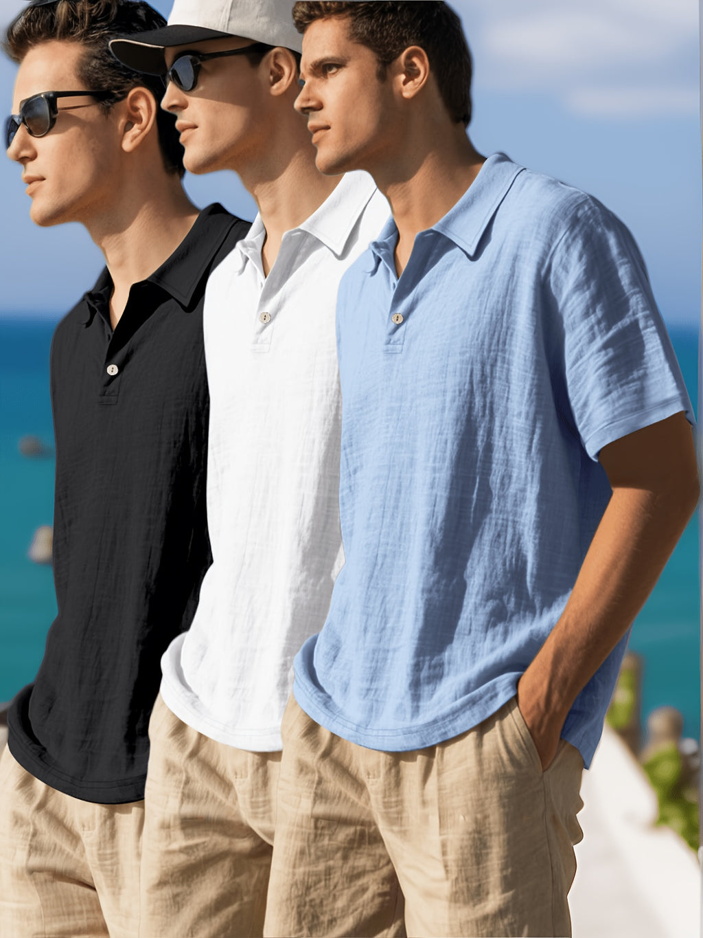 3pcs Men's Linen Shirts, Summer Lightweight Breathable Short Sleeve Sport Outdoor Solid Color Simple Style Casual Shirts - Black, White, Blue