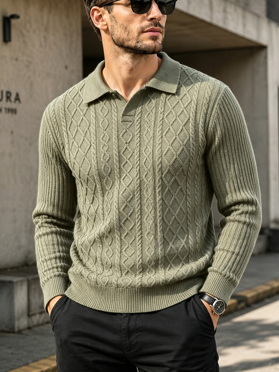 Men's Autumn/Winter Lapel Sweater Vintage Long-Sleeve Pullover Base Layer - Green