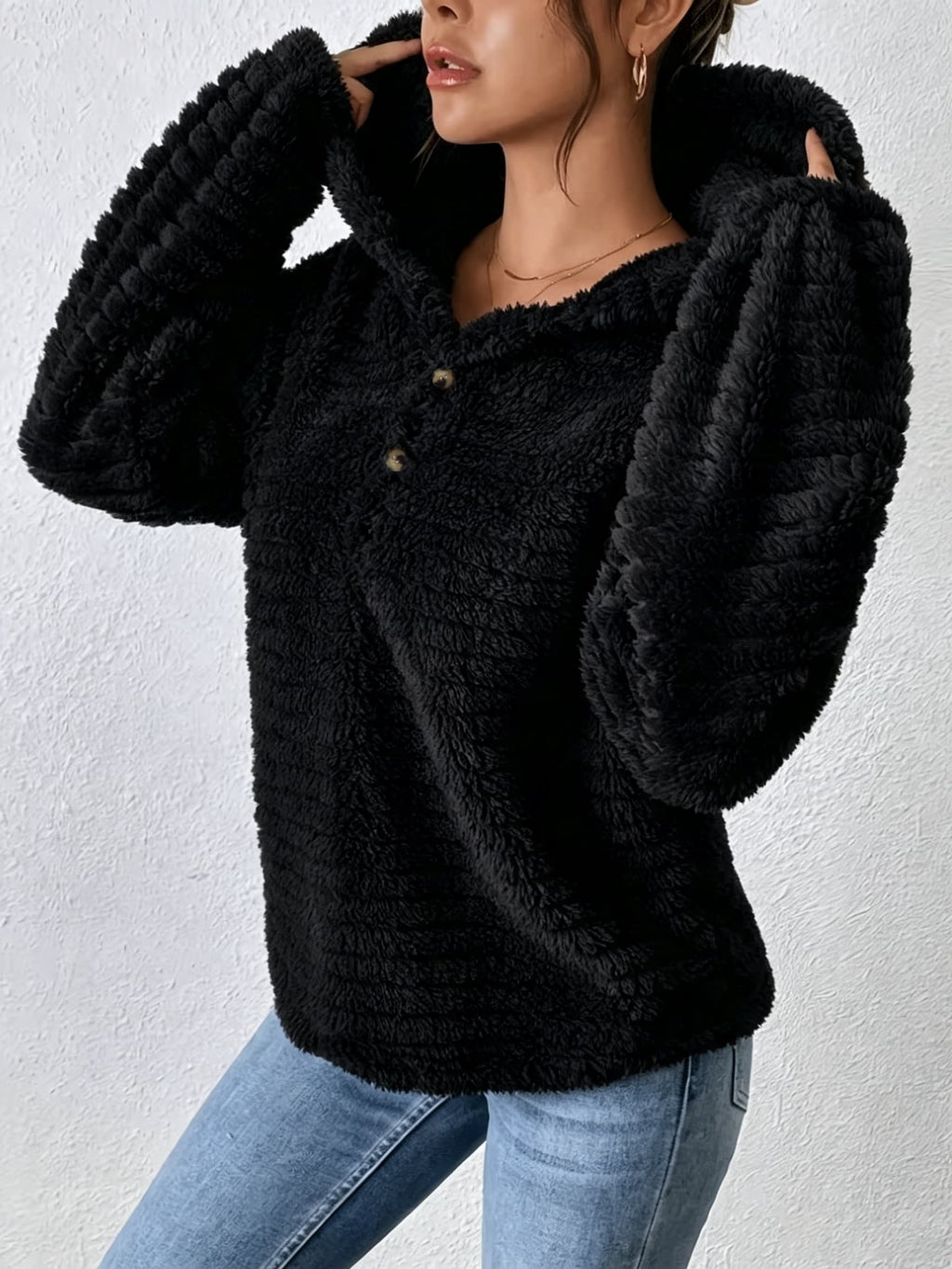 Women's Casual Hooded Plush Sweatshirt, New Autumn/Winter Collection, -Lined Warm Outerwear, Solid Color - Black