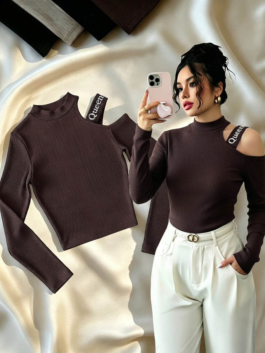 Women'S Spring Autumn High Neck Off-Shoulder Top with Embroidered Letters on Shoulder Straps, Fitted Short Blouse T-Shirt - Dark Brown