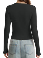 Women'S Round Neck Ribbed Slim Fit Fashion Top Comfortable Casual Short Sleeve Long Sleeve Body Suit Top - Black