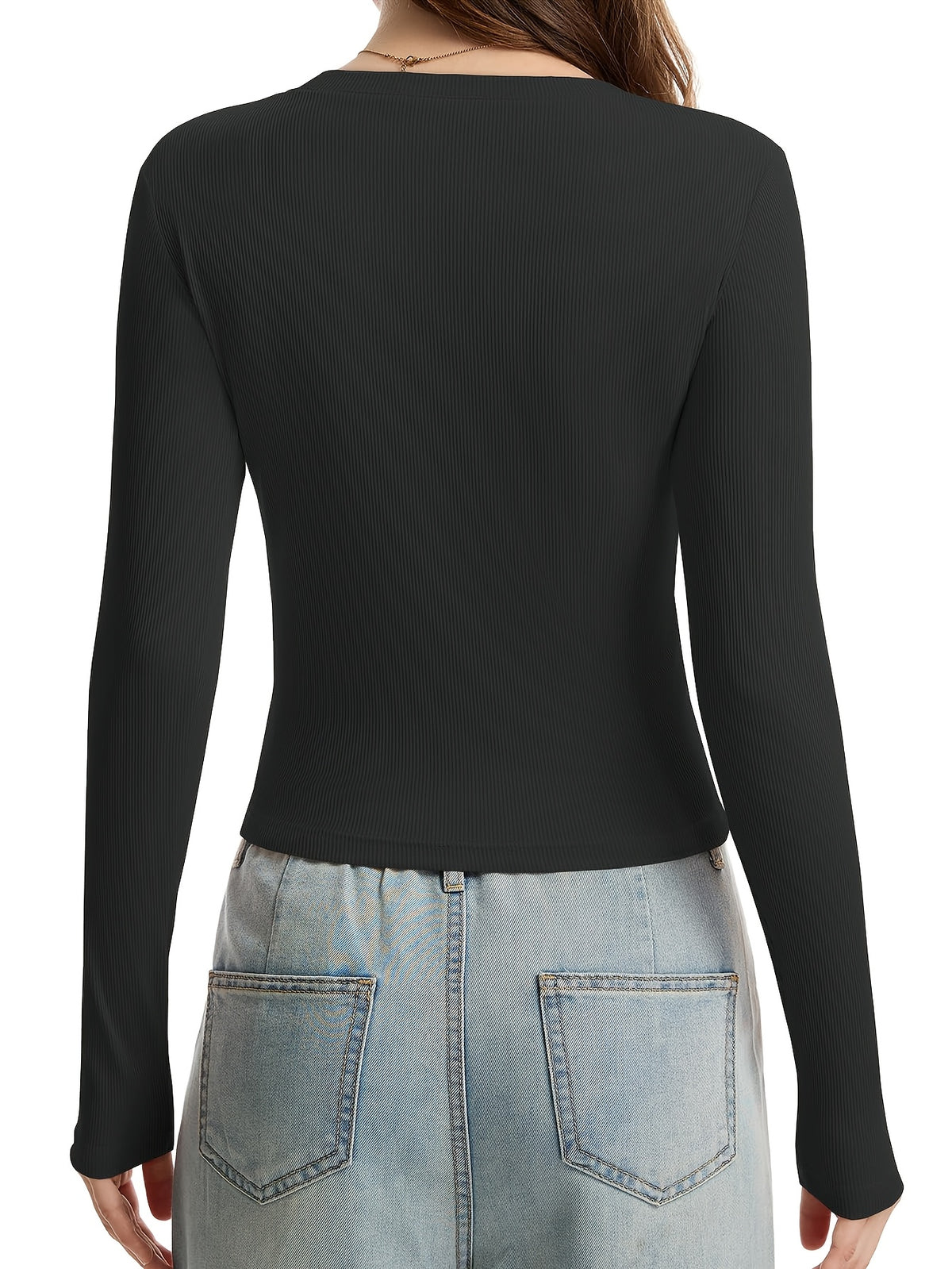 Women'S Round Neck Ribbed Slim Fit Fashion Top Comfortable Casual Short Sleeve Long Sleeve Body Suit Top - Black