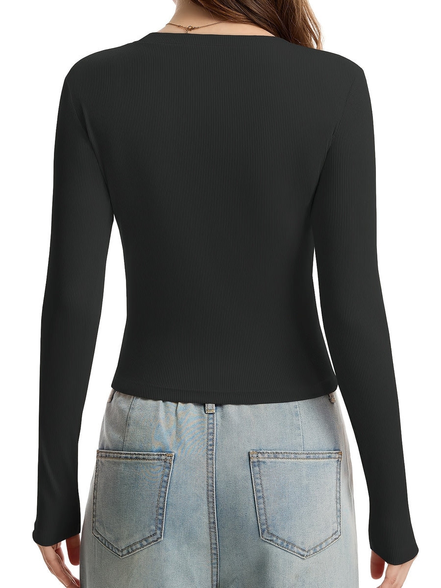 Women'S Round Neck Ribbed Slim Fit Fashion Top Comfortable Casual Short Sleeve Long Sleeve Body Suit Top - Black