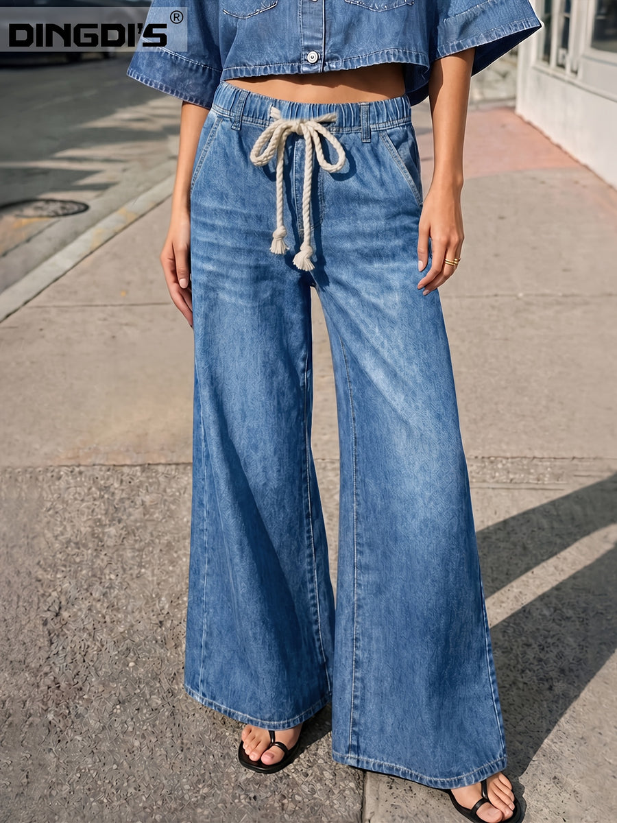 Women's New Wide-leg Jeans, Drawstring Loose Straight-leg Jeans, Elastic Waist Washed Denim Casual Pants, Suitable for All Seasons with Pockets, Comfortable Denim Pants Suitable for Travel, Work and Office Wear - Medium Blue