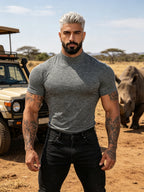 Summer Breathable Solid Color Half-Neck Short Sleeve 2pcs Set Men'S Shaping Slimming High-Elastic Fabric Light Luxury Fashion Fitness Sports Daily Wear Easy Premium Feel Versatile Base Top - Grey