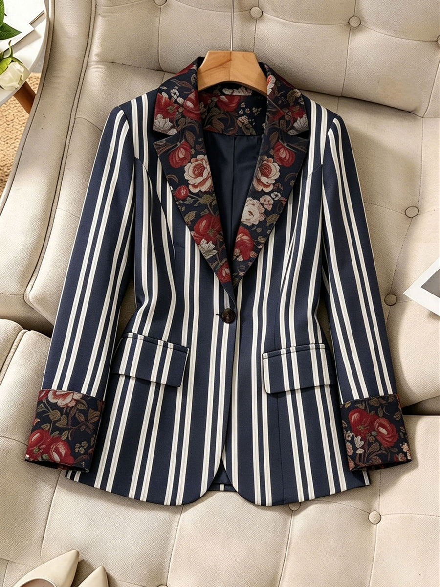1pc Women'S Pinstripe Blazer, Single-Button Printed Suit Jacket with Faux Pockets, Lined, Casual All-Match, Elegant Top - Mixed colors