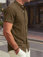 New Summer Men's Thin Stand Collar Casual Shirt, Solid Color Short Sleeve Business Fashion Button-Up Shirt for Muscular Men, Stylish Short Sleeve Design Suitable for Casual and Office Wear - Olive Green