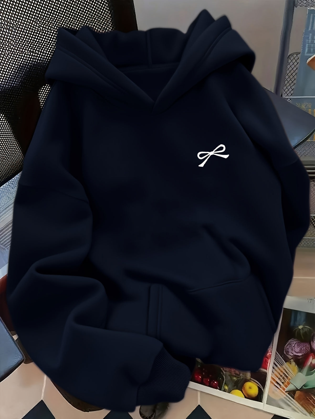D92-1pc Loose Hoodie, Fashionable Versatile Bow Pattern Printed Hoodie, Spring And Autumn, Women'S Size L14802 - Navy Color