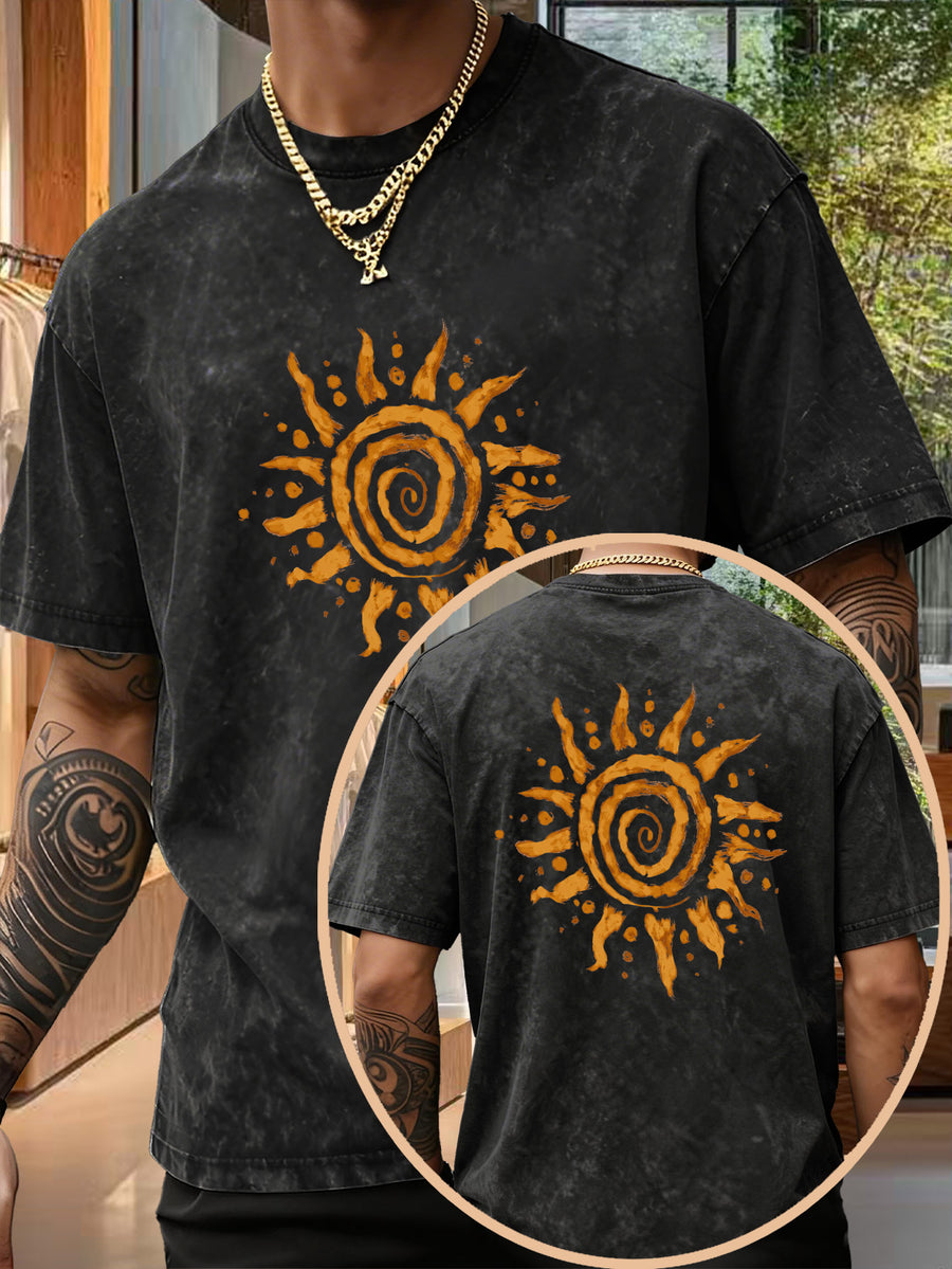 Men's Short-Sleeve T-Shirt, Pure Loose Fit Top, Trendy Reversible Double-Sided Swirl Sun Print, 12 Colors for Mix & Match, Washed Distressed American Street Style, Versatile for Daily Outings, Streetwear, Sports, Fitness, and Commuting - Black