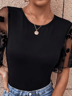 Women'S Elegant Floral Mesh Bell Sleeve Stretch Round Neck Jumpsuit, Short Sleeve Bodysuit - Black