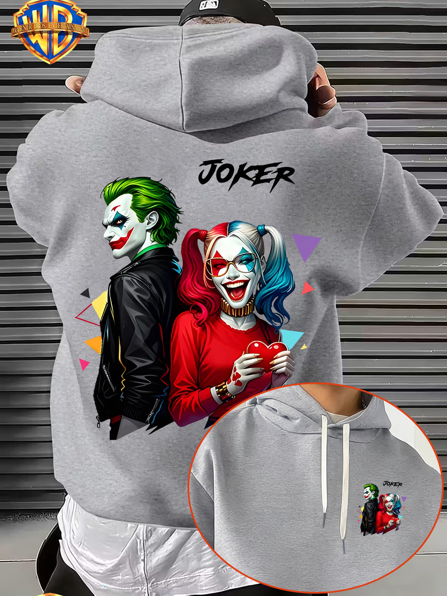 Warner Bros. American Comic-style Joker and Harley Quinn Back-to-back Design, JOKER Title Character with Heart Graphic and Colorful Triangle Accents, Trendy and Cool Printed Men's Fashion Hooded Sweatshirt, Sleeve Print Design, Kangaroo Pocket - Light Grey