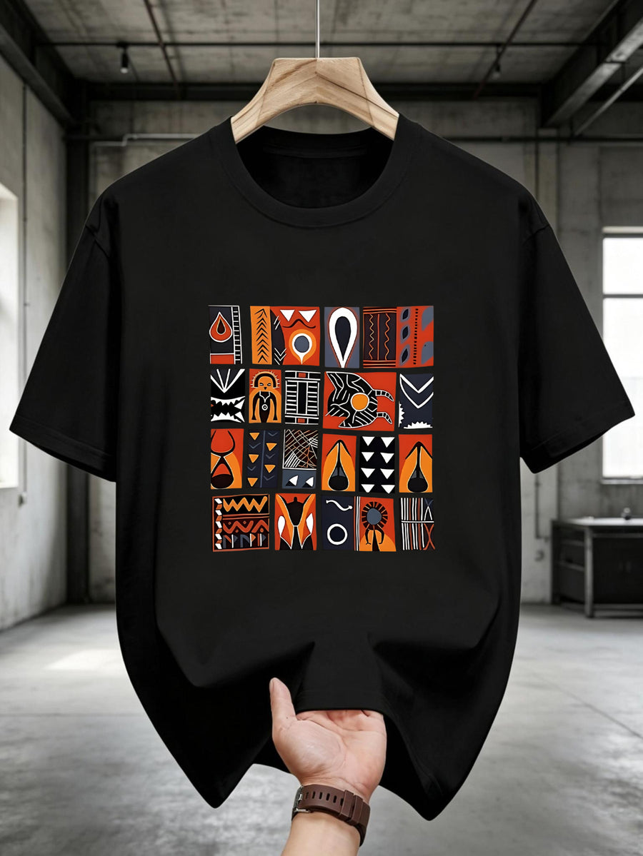 New Pure Cotton African Inspired Men's T-Shirt with Tribal Pattern And Geometric Design for Casual Wear In Summer And Autumn Perfect Gift for Him - Black