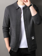 [Whale-Crossing Lan OBM] 1pc Autumn/Winter New Men'S Knit Cardigan, Old Money Style Solid Color Lapel Pocket Button-Front Single-Breasted Cardigan Men'S Business Casual Fashion Button-Front Knit Top, Suitable for Spring, Autumn, Winter Outerwear - Grey