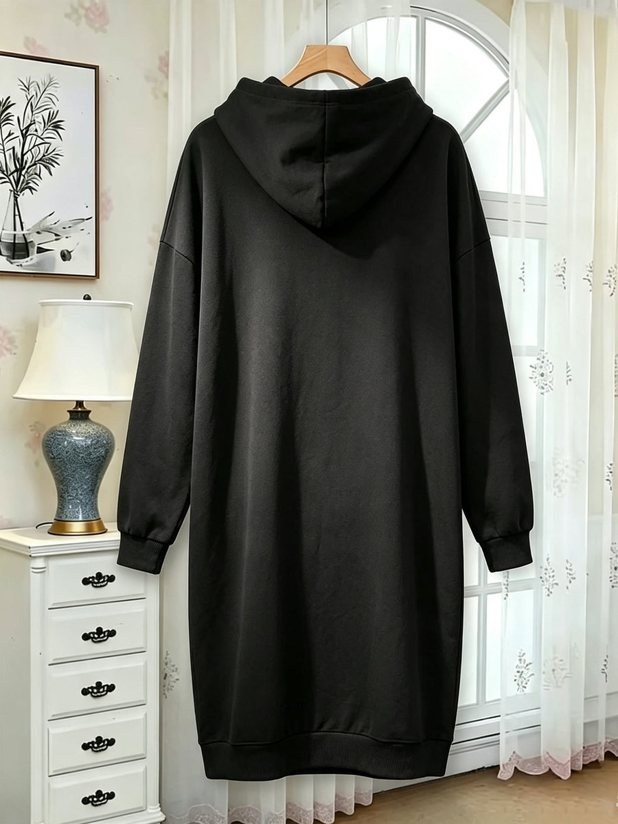 Autumn and Winter Women's Fashion Casual -lined Thickened Pullover Long Sleeve European and American Hooded Sweatshirt with Print Sweatshirt Long Trendy Casual Versatile - Black