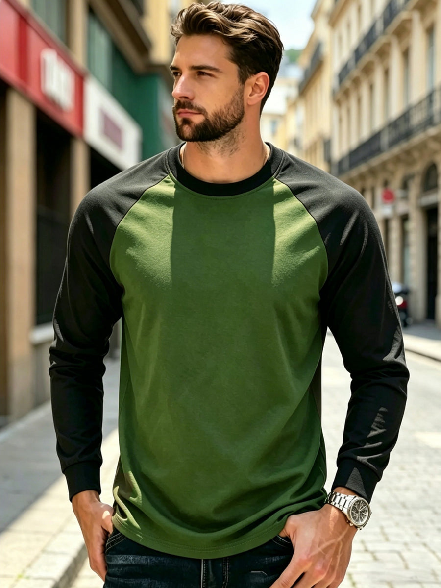 Men'S T-Shirt Casual New Daily Color-Block Long Sleeve Breathable Skin-Friendly Non-Sweaty Drop Shoulder Cut Visual Body Shaping Super Friendly Retro Contrast Design with Premium Aura Suitable for Sports Casual Daily Commuting Outdoor Activities Cas - black + army green