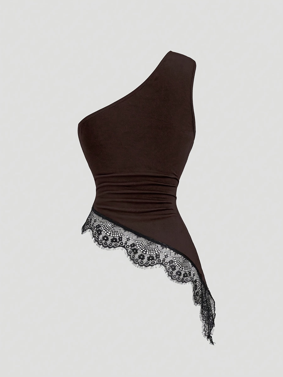 Sexy Lace Asymmetrical Hem Sleeveless Blouse with Metal Buttons, Women's Casual Summer Vacation Top - Coffee Brown