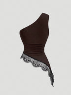 Sexy Lace Asymmetrical Hem Sleeveless Blouse with Metal Buttons, Women's Casual Summer Vacation Top - Coffee Brown