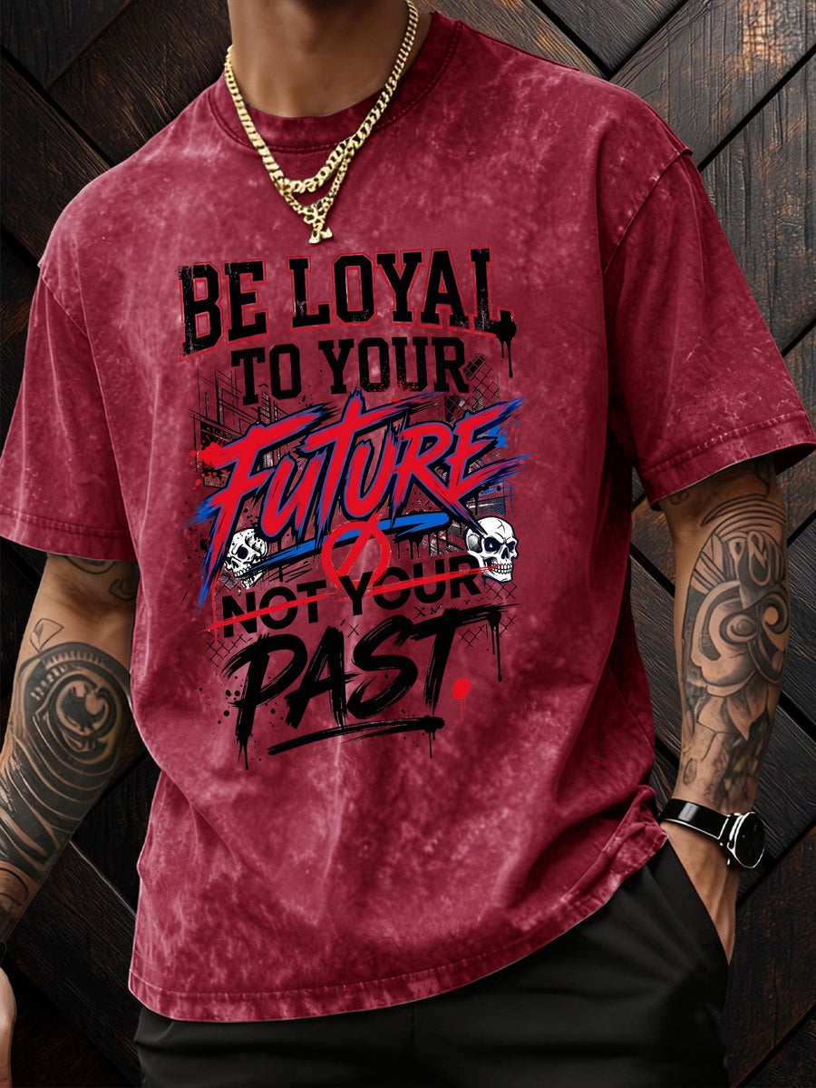 American-Style Washed Vintage Skull Graphic T-Shirt, Dark High Street Fashion Short Sleeves, Loose Fit with Motivational Slogans for Men - Red