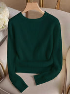 Women's Solid Color Elegant Round Neck Metal Button Decor Long Sleeve T-Shirt, Simple Fashion Top, Dignified and Delicate, Suitable for Spring and Autumn, Vintage Fashion, Elegant Commute, for Daily Wear, Office Wear, Party, Wedding, Holiday Wear - Green