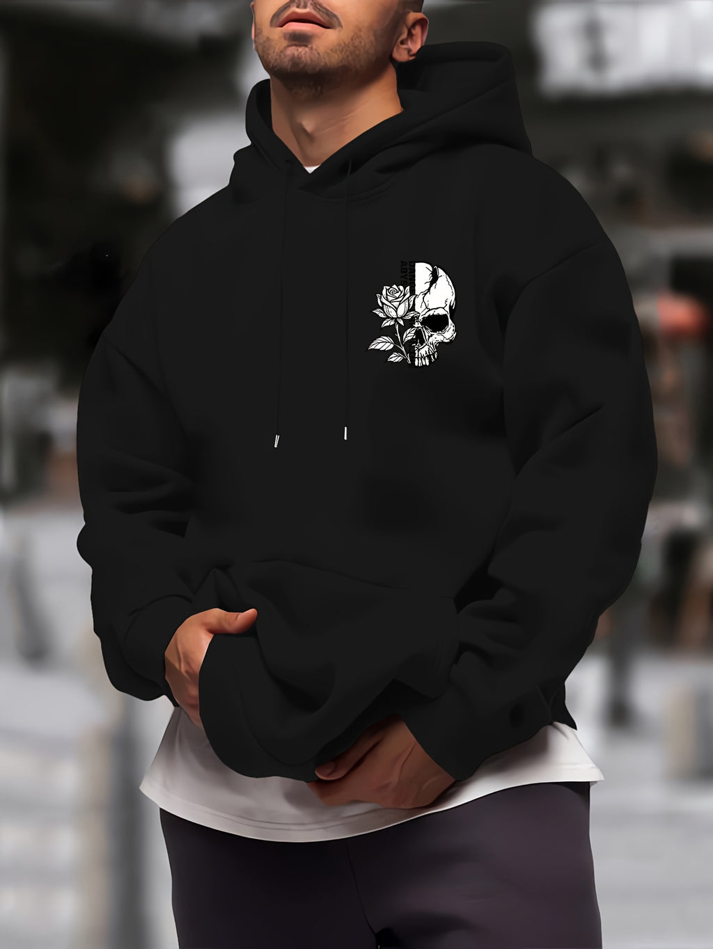 New Trendy Men'S Autumn And Winter Hooded Sweatshirt, Casual Everyday Drawstring Hoodie with Creative Design Print, Kangaroo Pouch Front Pocket, Unisex Tops - Black