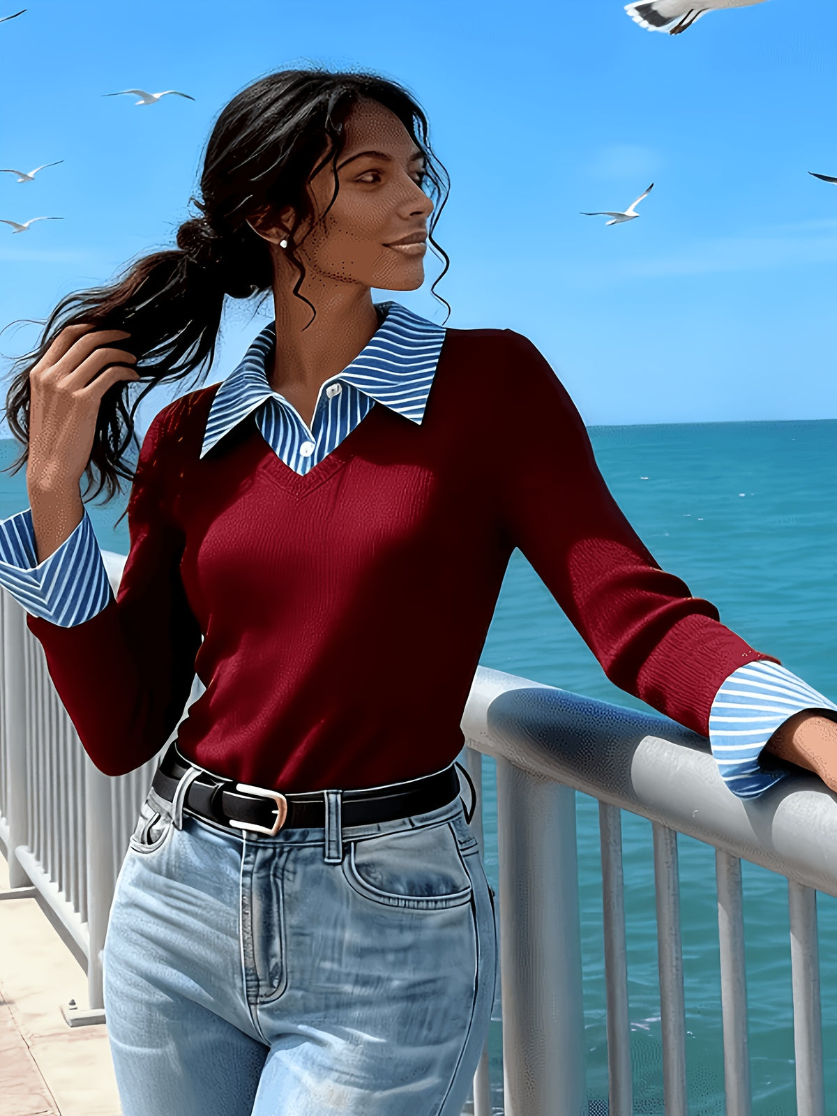 Elegant Commuter Bodycon 2-in-1 Look with Flared Neckline and Cuffs, Long Sleeves - Burgundy