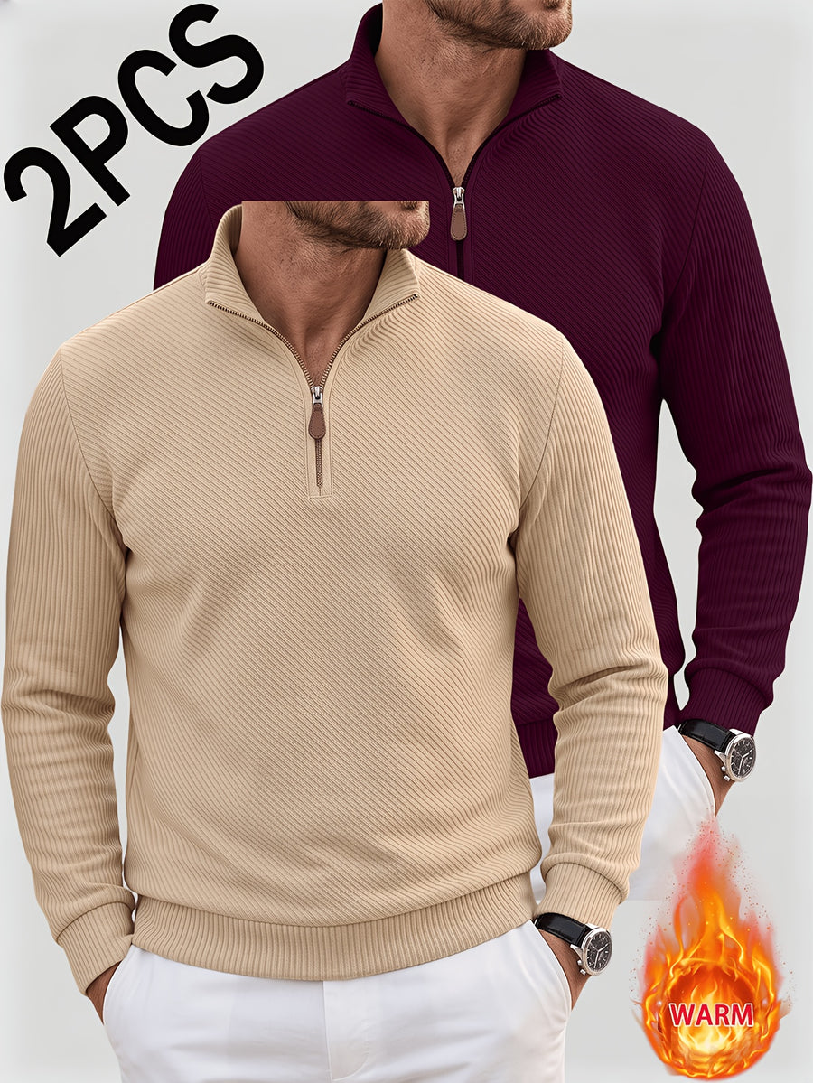 2pcs Men'S Autumn Winter New Corduroy Textured Half-Zip Stand Collar Knit Sweater Set, Light Luxury Long Sleeve Elastic Ribbed Base Layer Business Casual Inner Outerwear; Daily Commute, Home Entertaining, Camping Dating Scenarios - Khaki+Wine Red