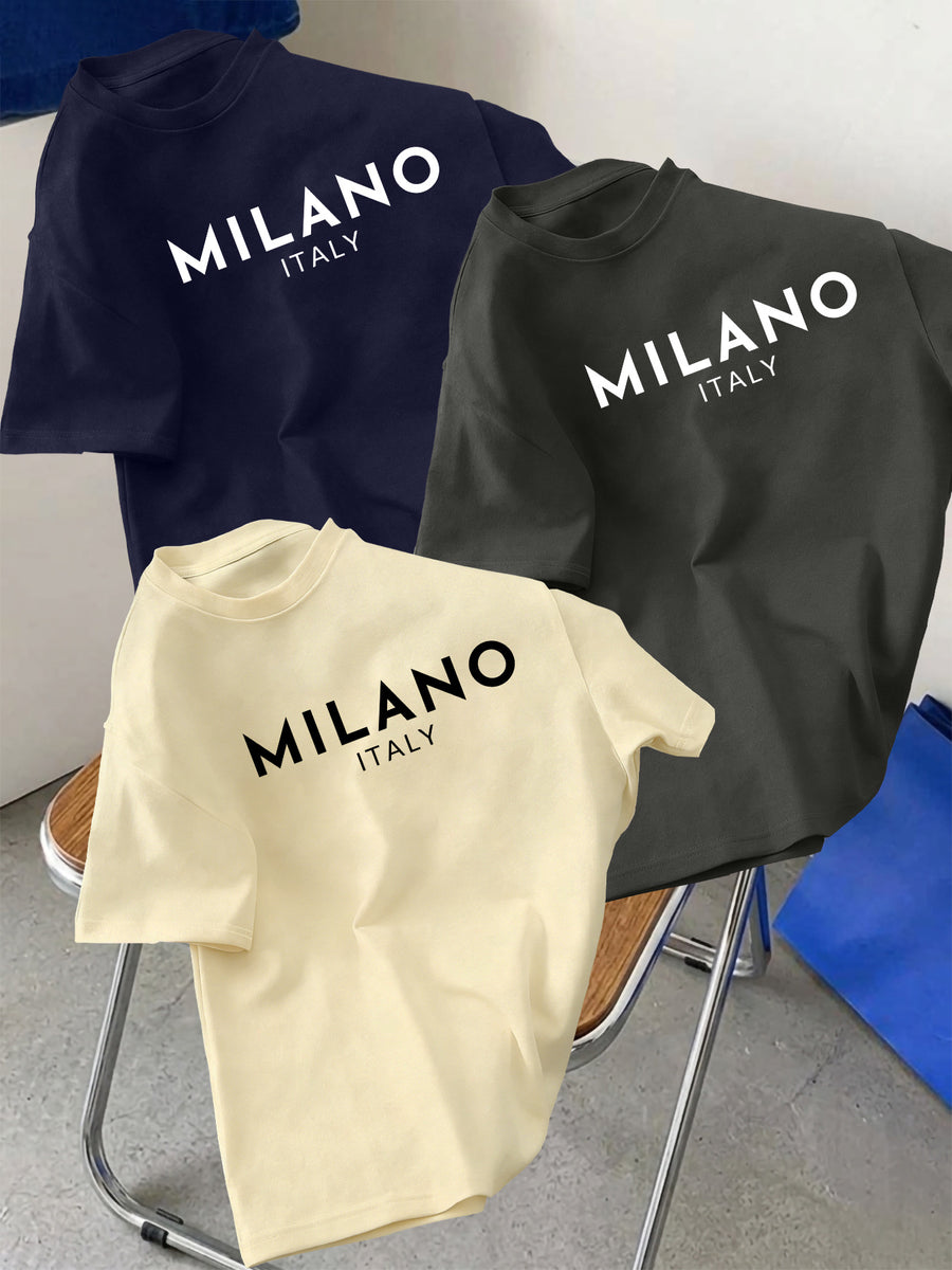 3pcs Set Men's Pure Cotton Short-Sleeve Crew Neck T-Shirt with Milan, Italy Pattern, Suitable for Daily Casual Wear, Comfortable, Soft, Breathable, Summer Essential - Apricot + dark gray + navy blue