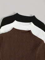 3pcs Set Stand Collar Ribbed Base Layer Stretch Plain Color Versatile Vintage - Mixed Color 3