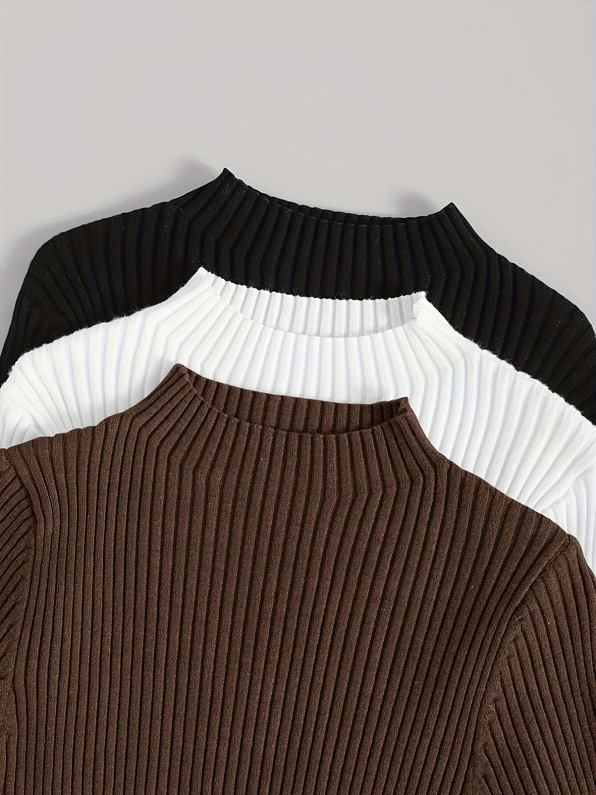 3pcs Set Stand Collar Ribbed Base Layer Stretch Plain Color Versatile Vintage - Mixed Color 3