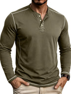 Autumn Winter Men'S Long Sleeve Henley Shirt, Cross-Border New Color-Block Fashion Casual Base Layer Round Neck T-Shirt - Military Green