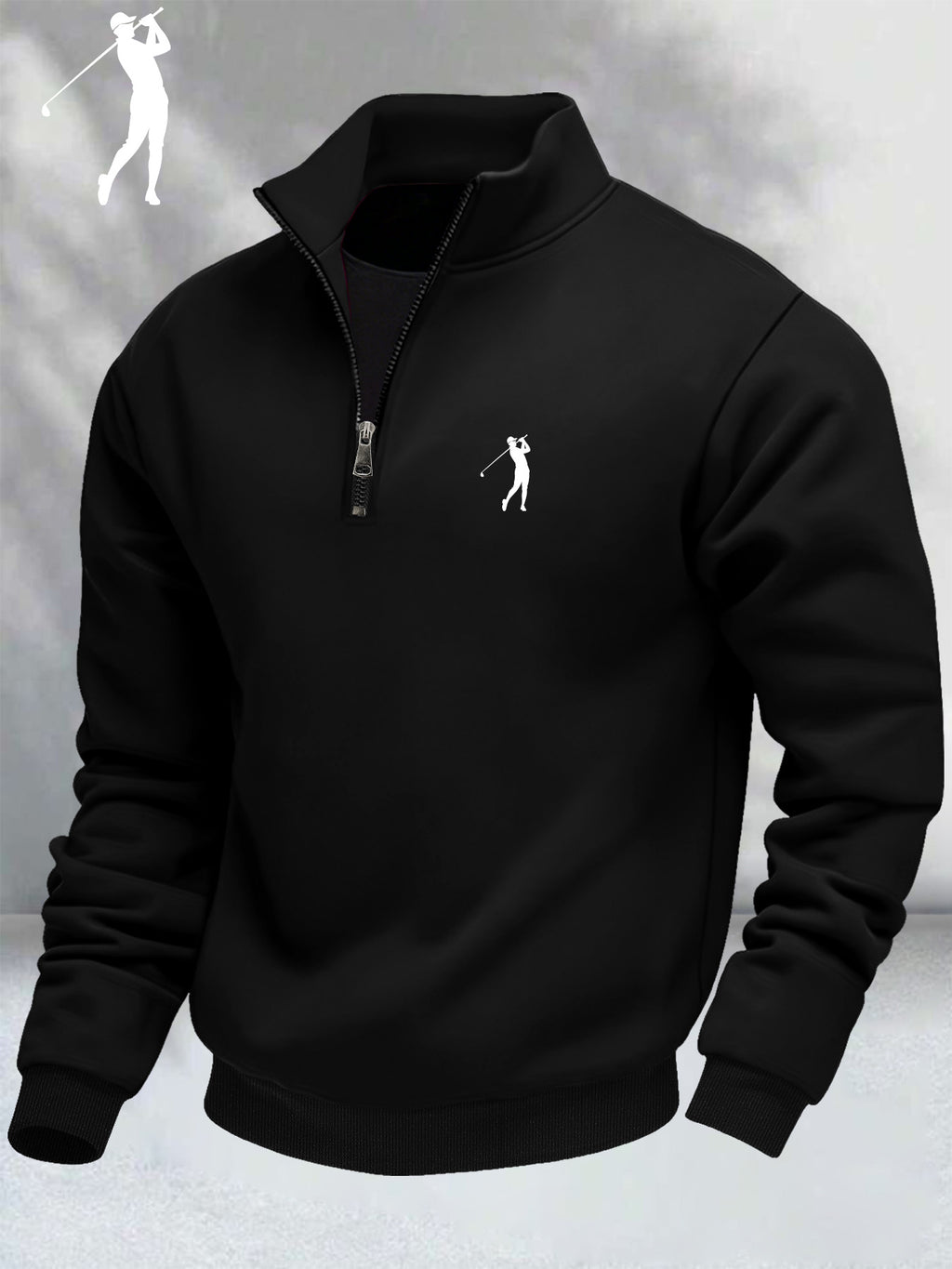 Men'S Casual Long Sleeve Knit Zip-Up Cardigan, Golf Swing Print, 1/4 Zip, Medium Stretch Fabric for Autumn/Winter, Comfortable Warm Outerwear, Classic Zipper Style, Casual Wear - Black