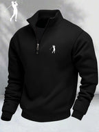 Men'S Casual Long Sleeve Knit Zip-Up Cardigan, Golf Swing Print, 1/4 Zip, Medium Stretch Fabric for Autumn/Winter, Comfortable Warm Outerwear, Classic Zipper Style, Casual Wear - Black