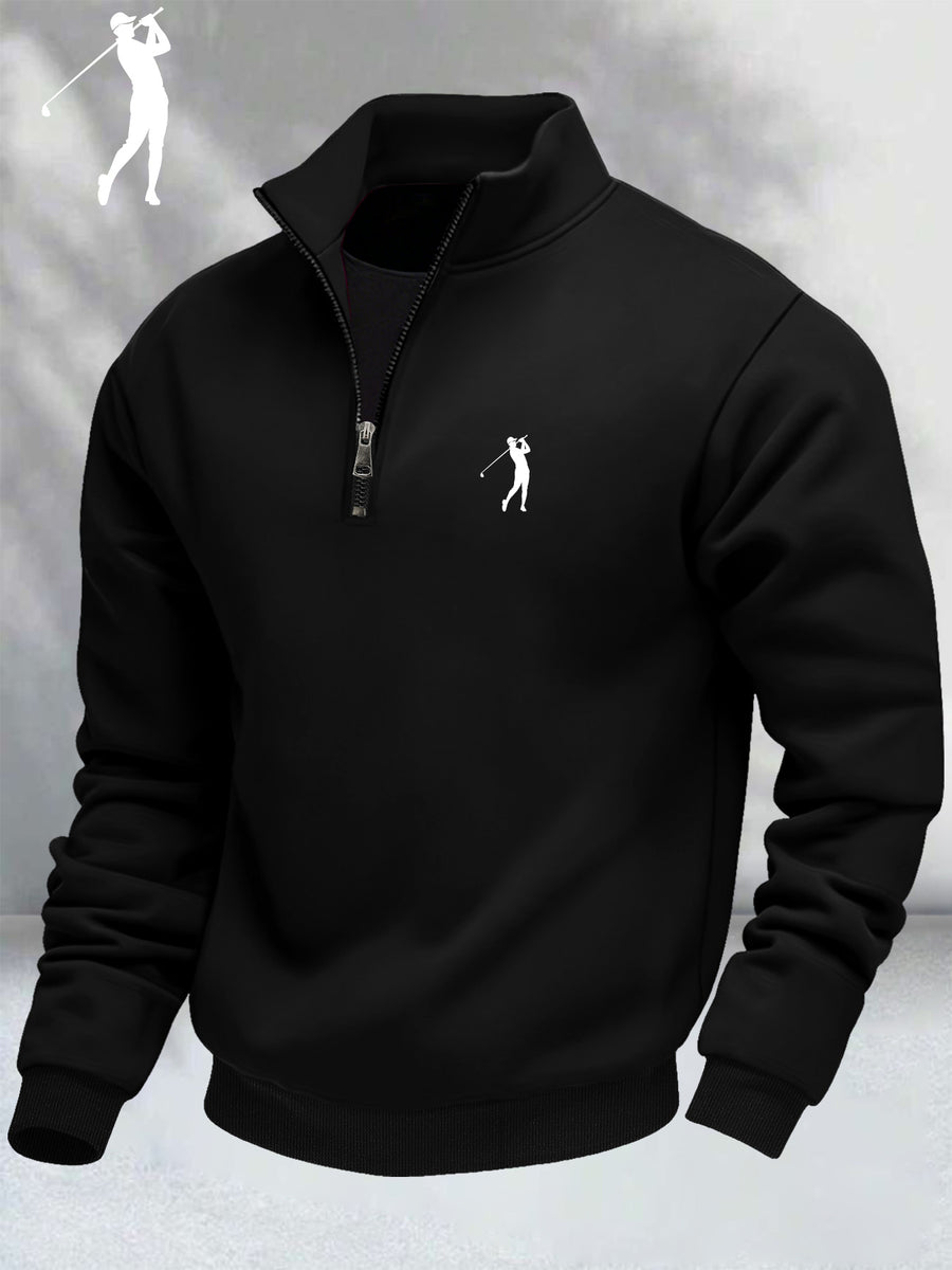 Men'S Casual Long Sleeve Knit Zip-Up Cardigan, Golf Swing Print, 1/4 Zip, Medium Stretch Fabric for Autumn/Winter, Comfortable Warm Outerwear, Classic Zipper Style, Casual Wear - Black