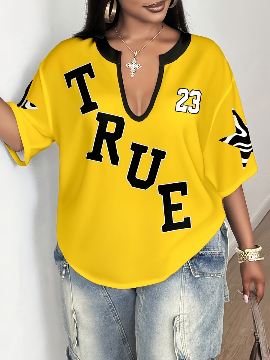 [Development QD260116175] Women's Letter Print V-Neck Drop Shoulder Sleeve Loose Fit T-Shirt for Daily Casual Wear - Yellow
