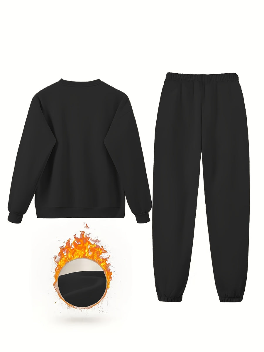 PUAIA Logo, Autumn/Winter Long Sleeve And Pants 2pcs Set, Sweatshirt Ankle-Cinching Trousers Easy Casual Home Commute Women'S Clothing! - Black