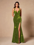 Ladies' Elegant and Dress with Sparkling Sequins Dress, Suitable for Holiday Dates, Fashionable Parties, Dinner Parties - Lingshan Exclusive L10033 - Green