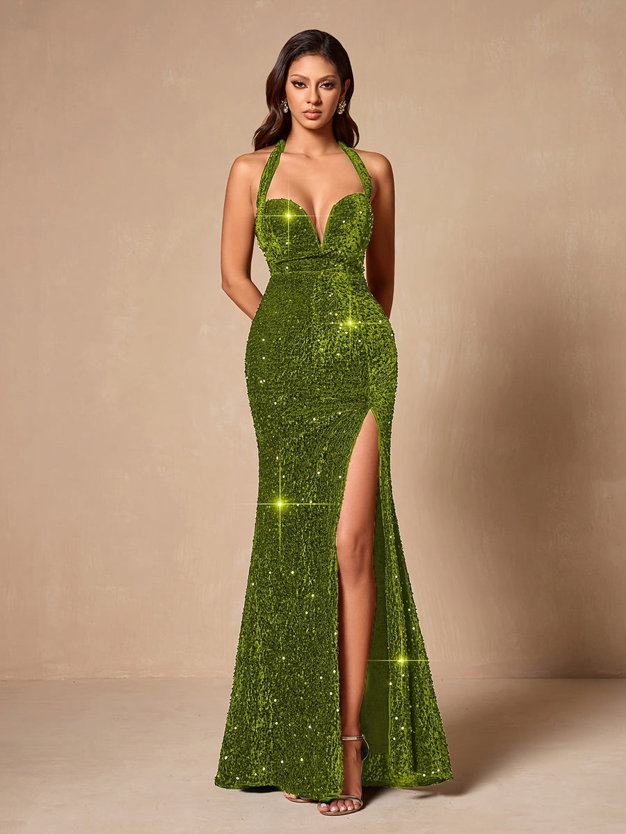 Ladies' Elegant and Dress with Sparkling Sequins Dress, Suitable for Holiday Dates, Fashionable Parties, Dinner Parties - Lingshan Exclusive L10033 - Green