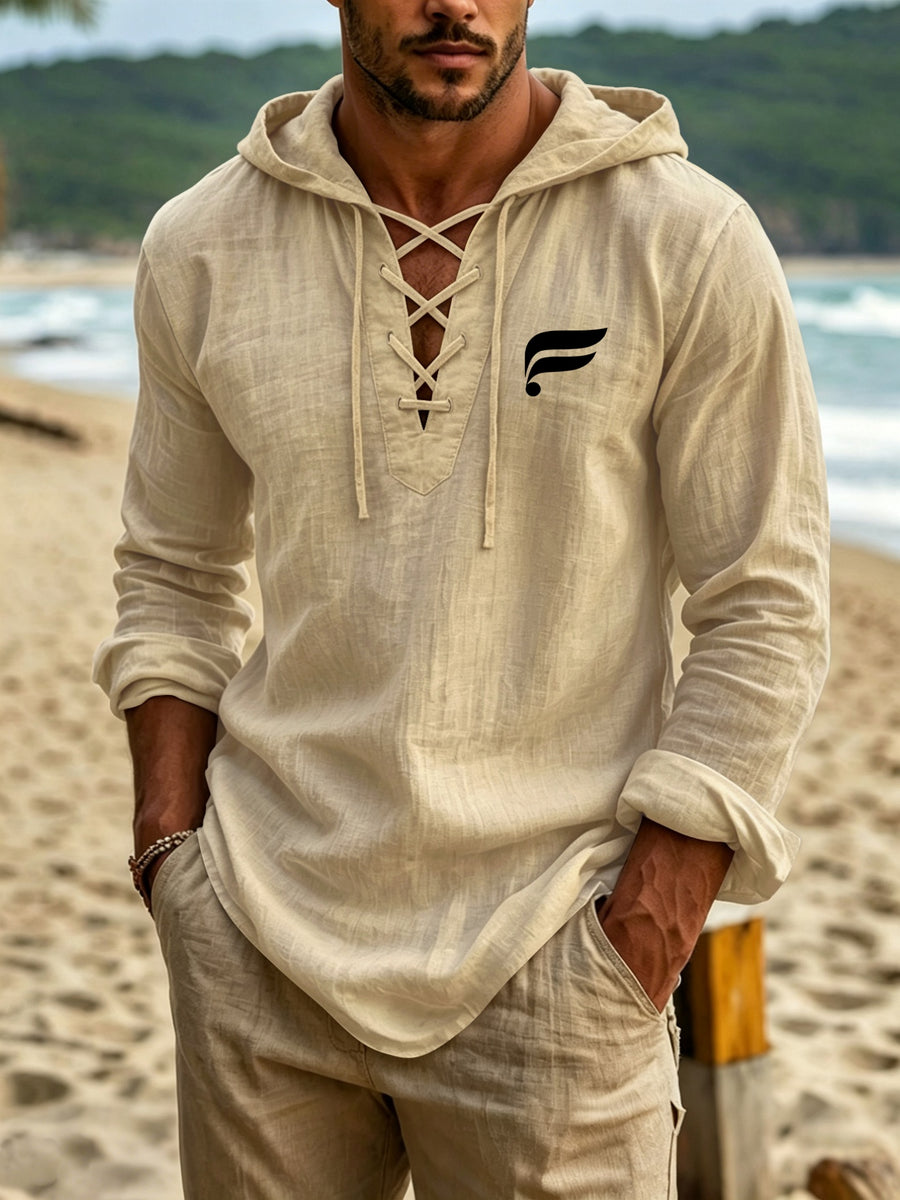 Men's Linen Hooded Top with a Refreshing and Minimalist Vibe. The Garment Features a Simple Streamlined F-symbol Geometric Creative Print, and the Cross-tie V-neck Showcases Design Ingenuity. The Hooded Long-sleeve Style Creates a Relaxed and Natural - Khaki