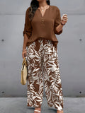 Summer Women's Fashionable New Short-Sleeve Pullover V-Neck Solid Color Top with Plant Print Wide-Leg Pants Two-Piece Set - Mixed colors