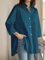 Women'S Loose Elegant Spring Autumn Long Sleeve Office Shirt Solid Color Casual Versatile Easy Top Work Blouse - Navy Color