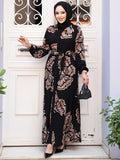 Muslim Middle Eastern New Temperament Elegant Open Front Multi-Layer Cake Tying Printed Robe (Headscarf Not Included) - Black