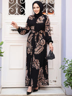 Muslim Middle Eastern New Temperament Elegant Open Front Multi-Layer Cake Tying Printed Robe (Headscarf Not Included) - Black