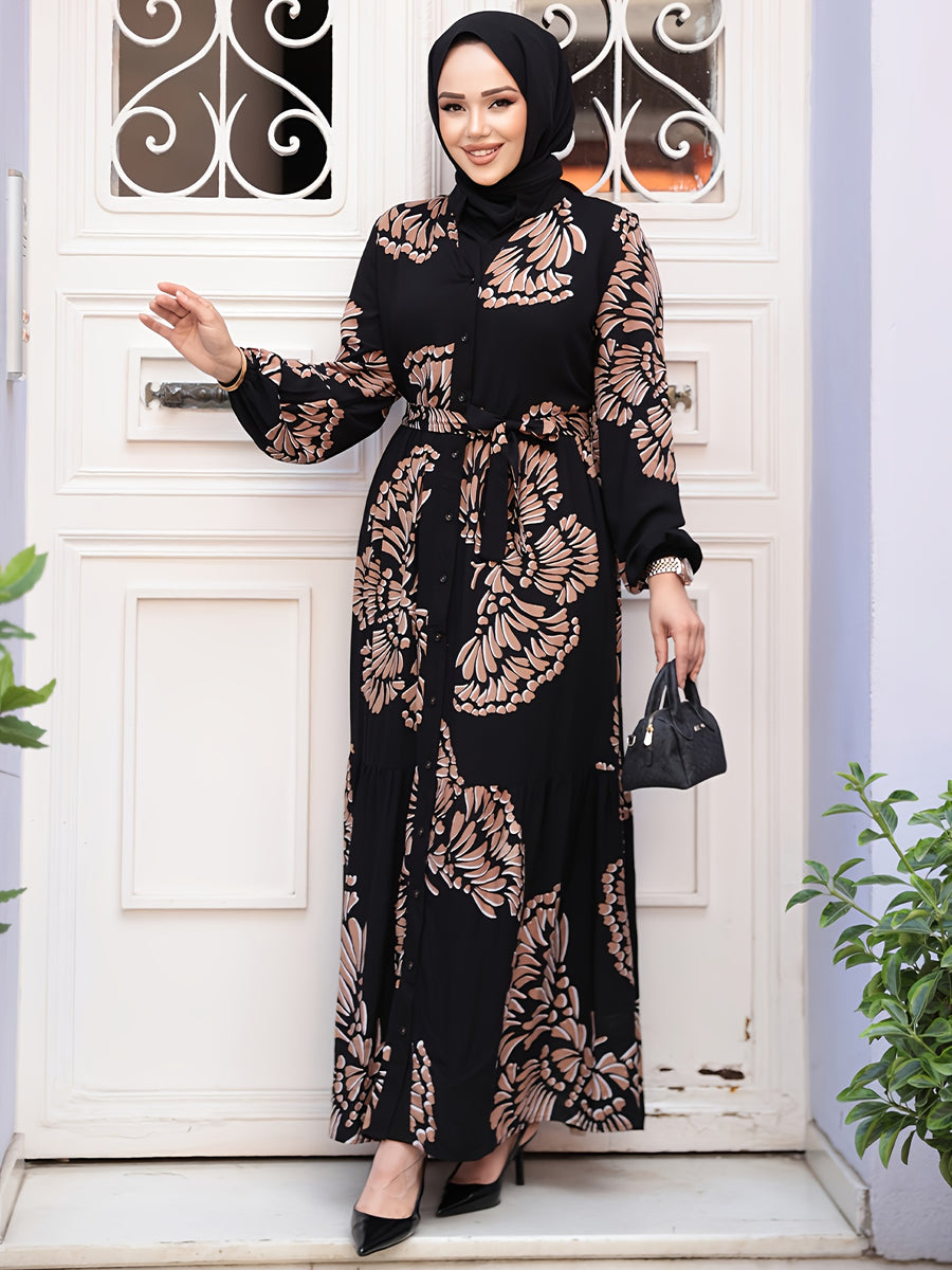 Muslim Middle Eastern New Temperament Elegant Open Front Multi-Layer Cake Tying Printed Robe (Headscarf Not Included) - Black