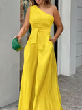 New Women'S Elegant Spring/Summer Solid Color One-Shoulder Collar Casual Pocket Design Front Waist Tie Decoration Loose Wide-Leg Jumpsuit LL168 - Yellow