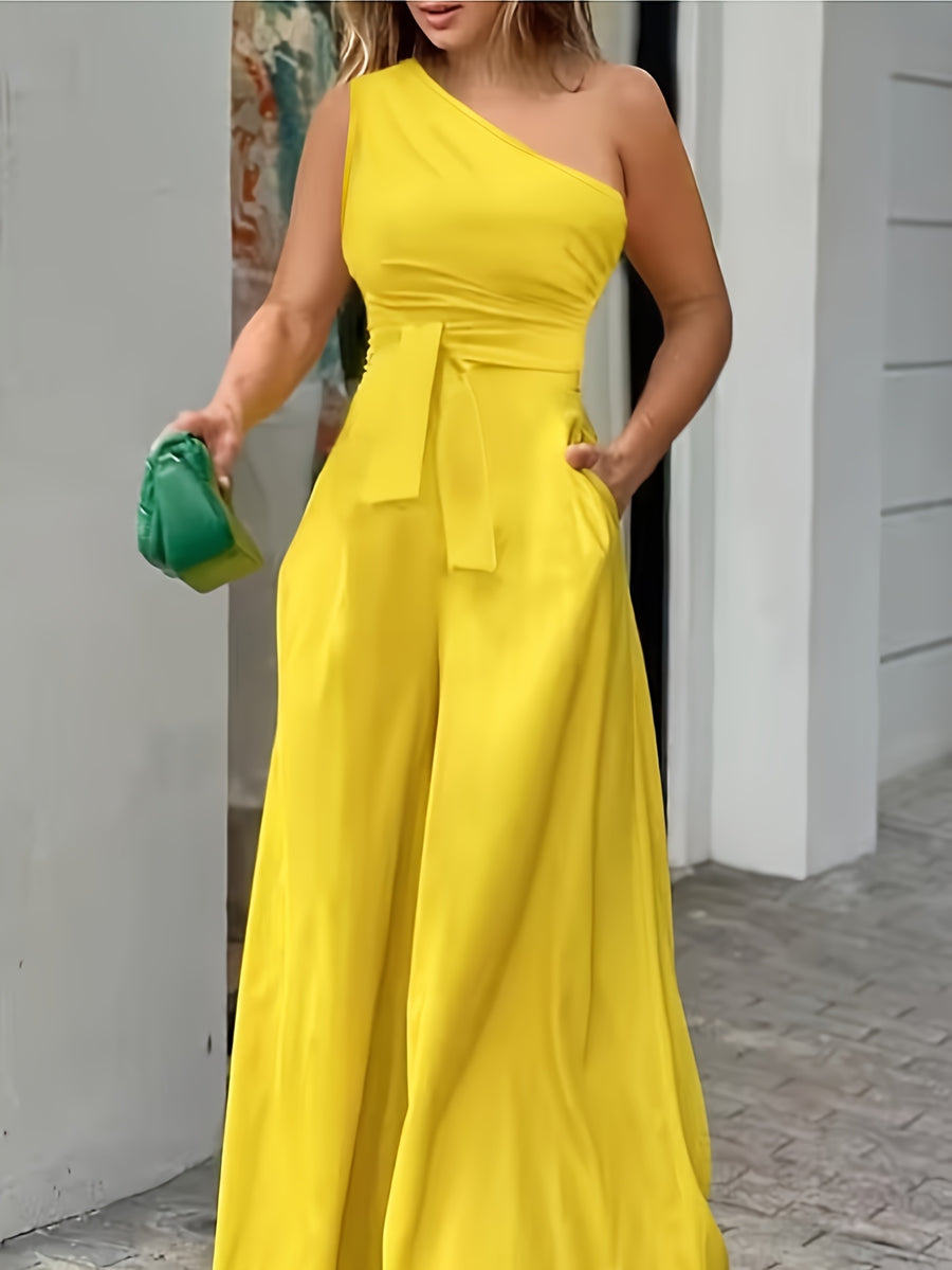 New Women'S Elegant Spring/Summer Solid Color One-Shoulder Collar Casual Pocket Design Front Waist Tie Decoration Loose Wide-Leg Jumpsuit LL168 - Yellow