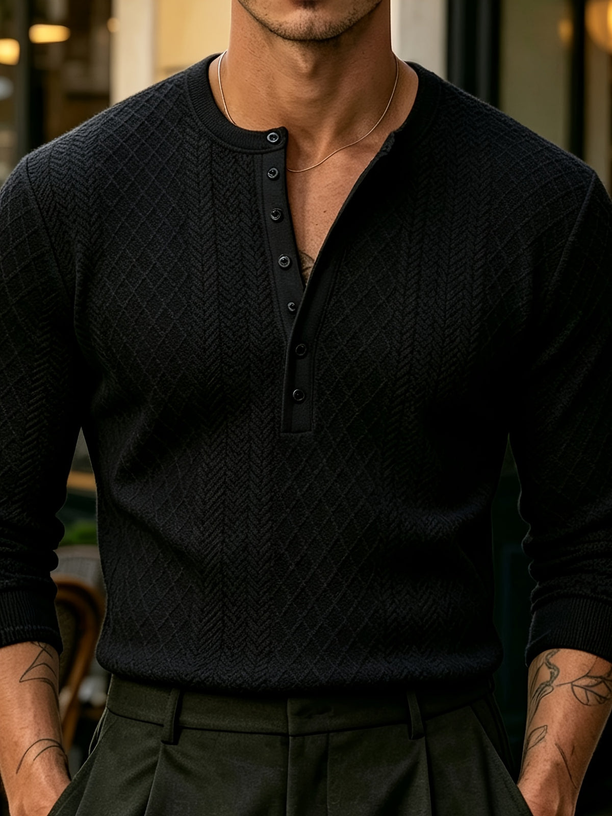 [Josh Mei OBM] Fall Winter Men'S Diamond Jacquard Henley Long Sleeve Sweater, Half-Button Placket Slim Fit Versatile Pullover Top, Suitable for Office, Street And Weekend Casual Wear Soft Knit Top, Multi-Color Options - Black