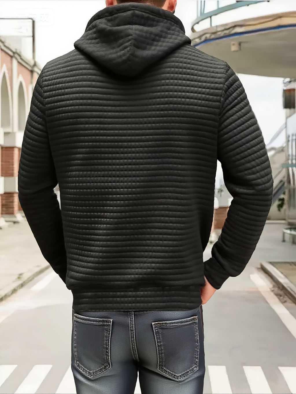 Men's Spring, Autumn, Winter Casual Sporty Kangaroo Pocket Hooded Pullover Sweatshirt, Waffle Knit, Comfortable, Breathable, Versatile Long-Sleeve Top - Black